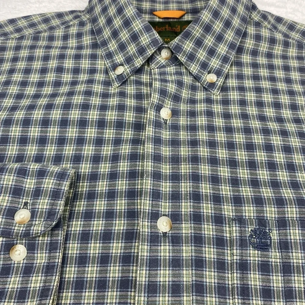 Timberland Men's Medium Blue‎ Green Plaid Button-Down Shirt Long Sleeve